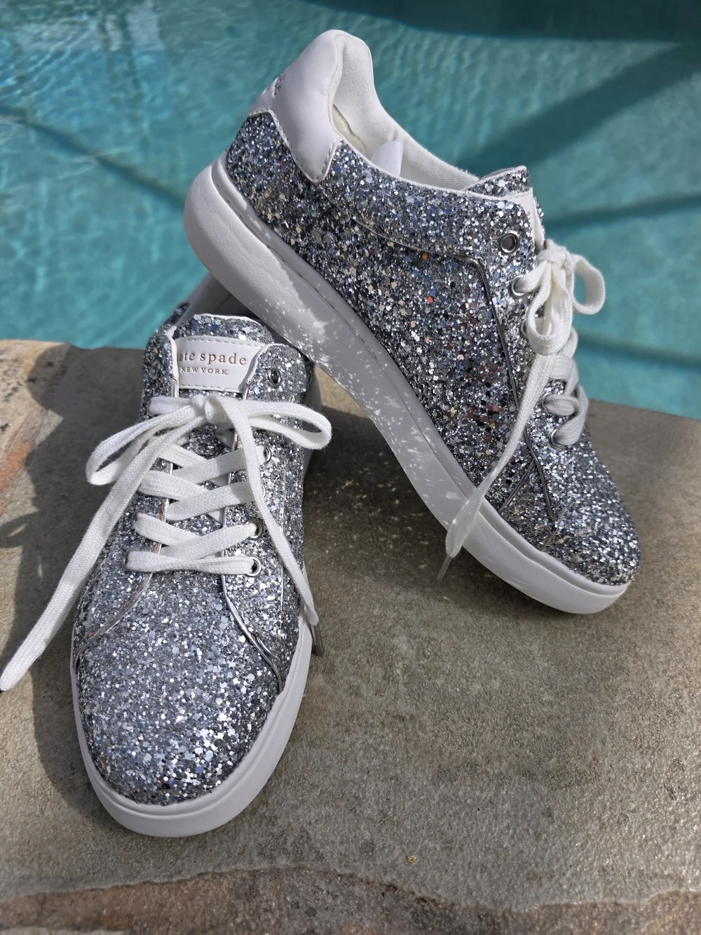Kate Spade NY Lift Sneakers Silver Glitter Size 9 Sparkle Fashion Sneakers